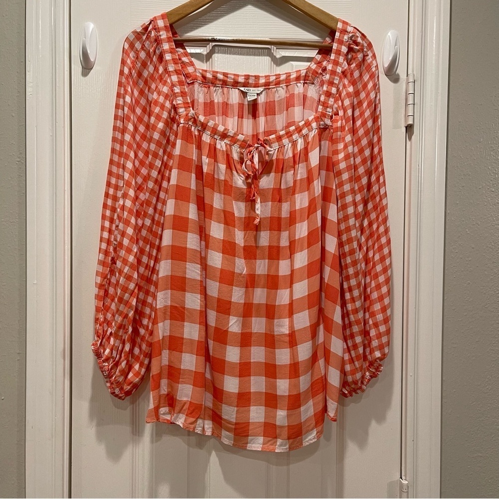 Cato Blouse Women’s 22/24W Plus Orange Coral Gingham Pleasant Top Cottagecore